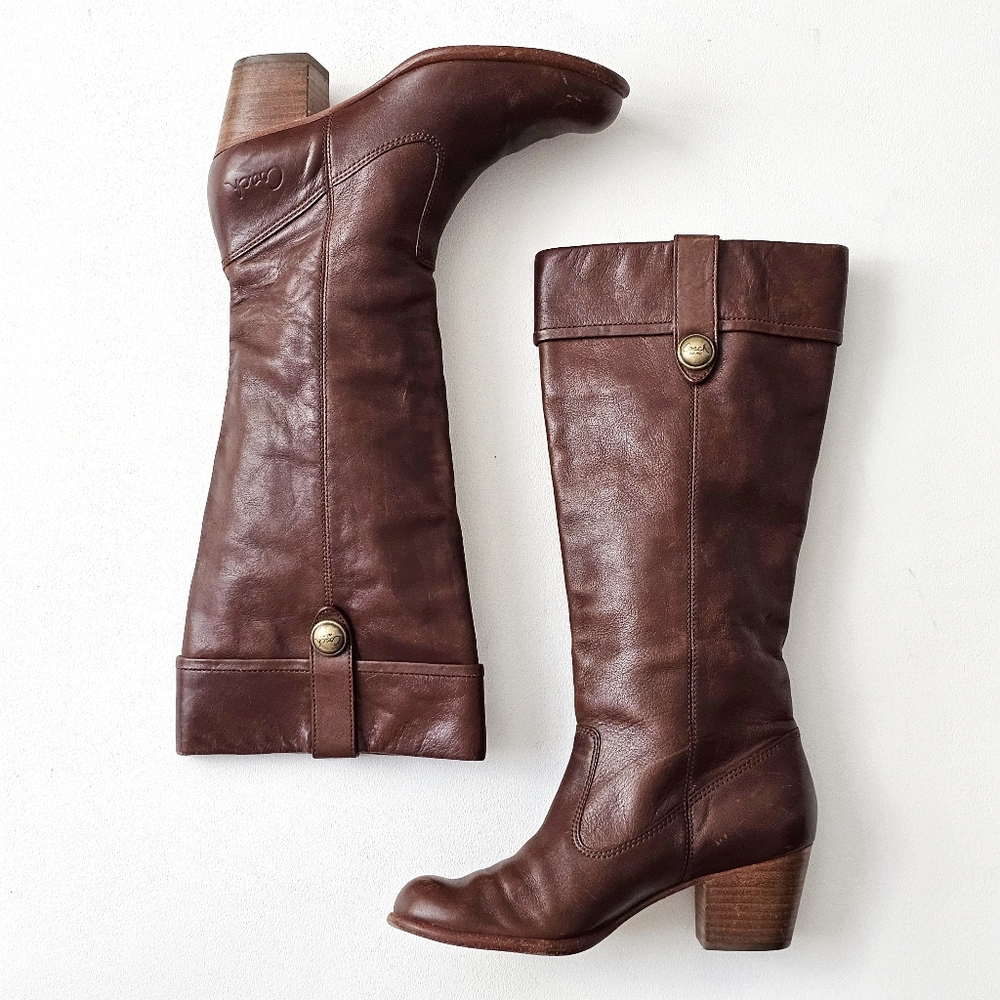 Coach Faith Leather Knee High Boots Brown Stacked Heel Riding Boots 6.5B